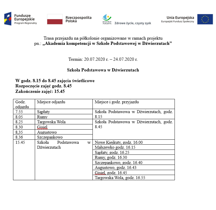 Trasa przejazdu na półkolonie organizowane w ramach projektu pn.: „Akademia kompetencji w Szkole Podstawowej w Dźwierzutach” Trasa przejazdu na półkolonie organizowane w ramach projektu pn.: „Akademia kompetencji w Szkole Podstawowej w Dźwierzutach”